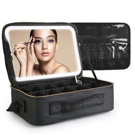 Travel Makeup Bag with LED Mirror Makeup Case Organizer with 3 Light Colors Adjustable Dividers Brush Holder Magnifying Mirror Shoulder Strap Luggage (Option: L_Black)