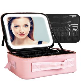 Travel Makeup Bag with LED Mirror Makeup Case Organizer with 3 Light Colors Adjustable Dividers Brush Holder Magnifying Mirror Shoulder Strap Luggage (Option: L_Pink)