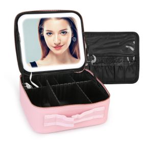 Travel Makeup Bag with LED Mirror Makeup Case Organizer with 3 Light Colors Adjustable Dividers Brush Holder Magnifying Mirror Dimmable USB Rechargeab (Option: S_Pink)