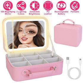 Travel Makeup Bag With 3 Light Colors Dimmable Brightness LED Mirror Detachable 10X Magnifying Mirror Adjustable Dividers Portable Waterproof Cosmetic (Option: Pink)