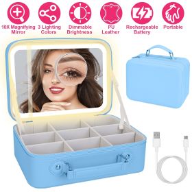Travel Makeup Bag With 3 Light Colors Dimmable Brightness LED Mirror Detachable 10X Magnifying Mirror Adjustable Dividers Portable Waterproof Cosmetic (Option: Blue)